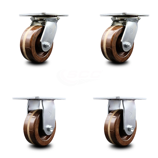 5 Inch High Temp Phenolic Caster Set with Roller Bearings 2 Swivel 2 Rigid SCC